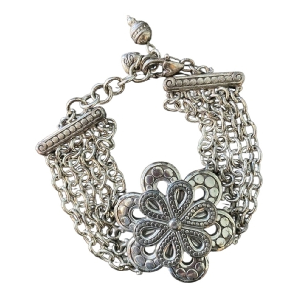 Brighton Silver Tone Multi Strand Flower Chain Bracelet Heart Clasp‎ Adjustable